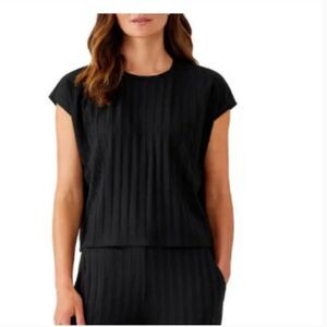 Eileen Fisher Ribbed Knit Cap Sleeve Top in Black Size XL